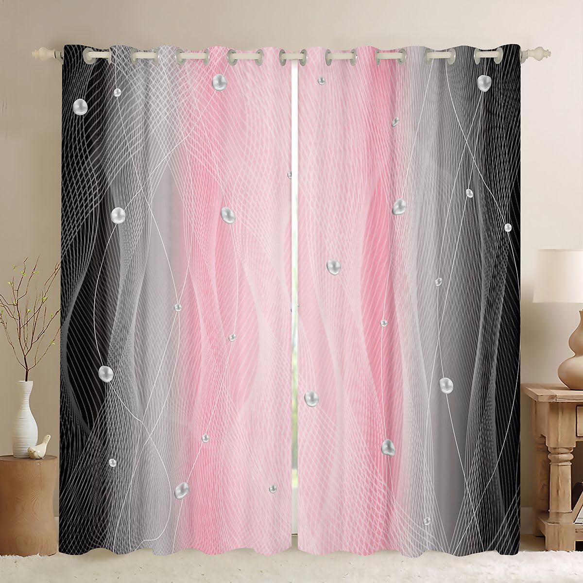 jejeloiu Pink and Black Darkening Drapes Strip Lines Curtains for Bedroom for Kids Women Men Ombre Pearl Printed Blackout Curtains Geometric Window Treatments(2 Panels, 38 x 45 Inch)