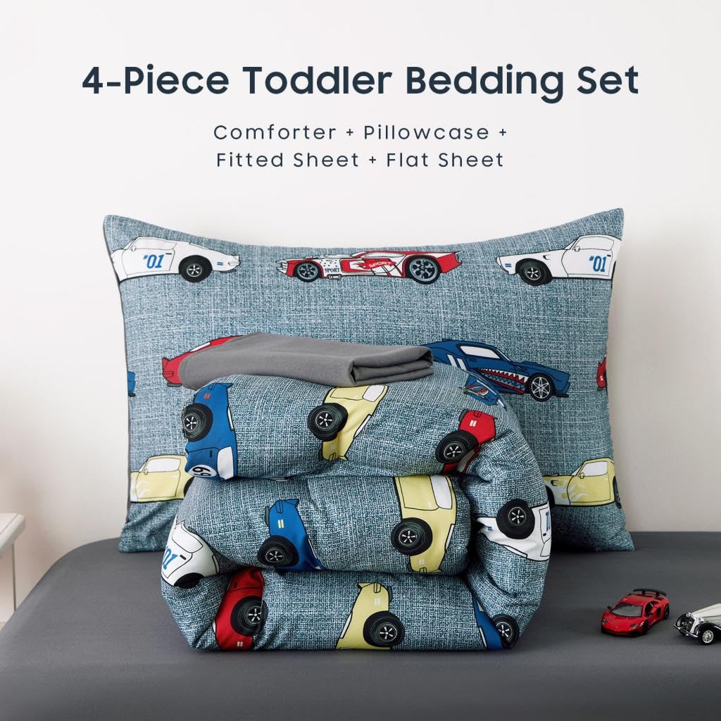 Wake In Cloud - Race Car Toddler Bedding Set for Boys, Cute Colorful Sports Car Supercar Wheels, 4 Pieces Soft Crib Bed Set Including Comforter, Sheets and Pillowcase, Gray
