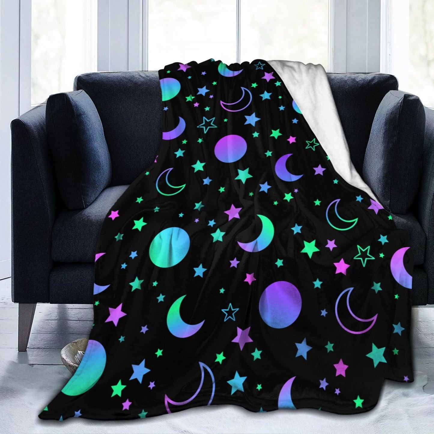 Mystical Bright Neon Sun Moon Star Blanket, Soft Blankets Flannel Bed Throw Cozy Lightweight Plush Gifts for Boys Girls Women Men Sofa Couch Bedroom Living Rooms Warm All Season, Home Decor, 50X40in