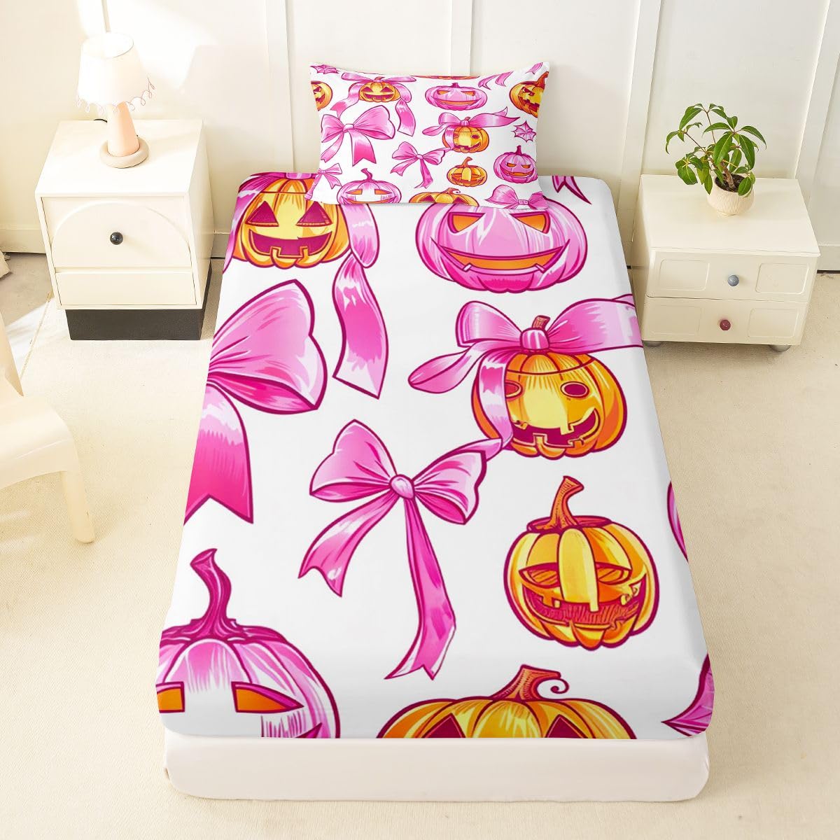 Feelyou Fitted Sheet with 1 Pillowcase Twin Size Halloween Themed Bed Sheets Set 16" Deep Pocket Boys Girls Bowknot Bedding Pink Orange Teens Bedroom Decor Breathable Soft Lightweight Microfiber