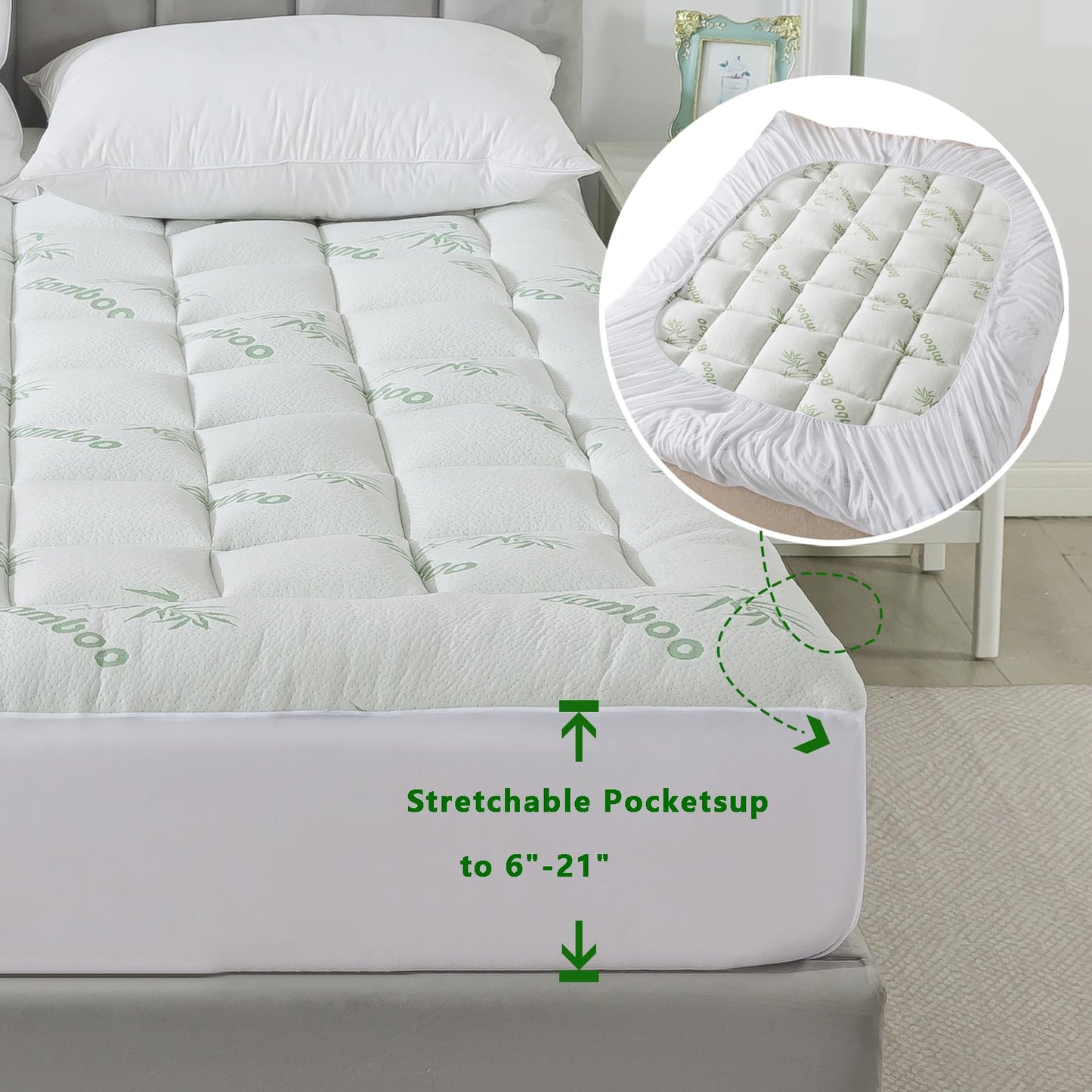 ANALIN® Bamboo_Viscose Mattress Topper Queen Size, Thick Pillow Top Mattress Pad with Stretchable Pockets for 6-18 inches Mattress, Soft Breathable Mattress Topper for Back Pain Relief