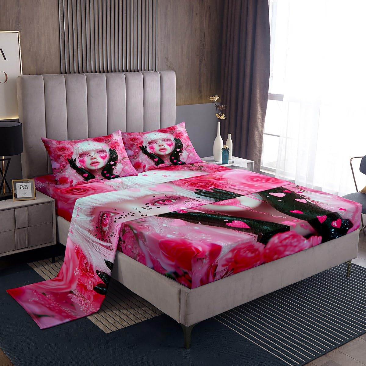 Erosebridal Pink Girl Sheet Set Twin Size Romance Rose Flowers Toddler Bedding Sets for Girls Anime Sheets, Modern Fashion Lady Art Bed Sheets Set Love Hearts Decorations with 1 Pillowcase