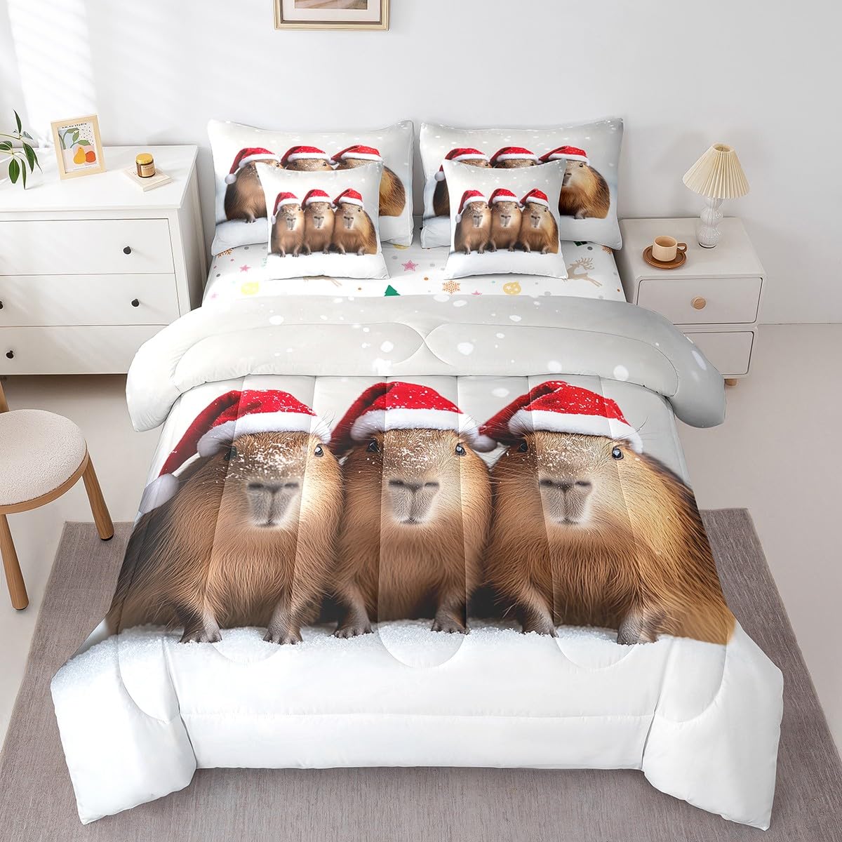 Feelyou Kids Kawaii Hamster Comforter Set with Sheets Queen Size, Cute Animal Bed in A Bag Guinea Pig 7 Pieces Bedding Set Boys Girls Pet Animal Teens Bed Set Bedroom Decor 7Pcs