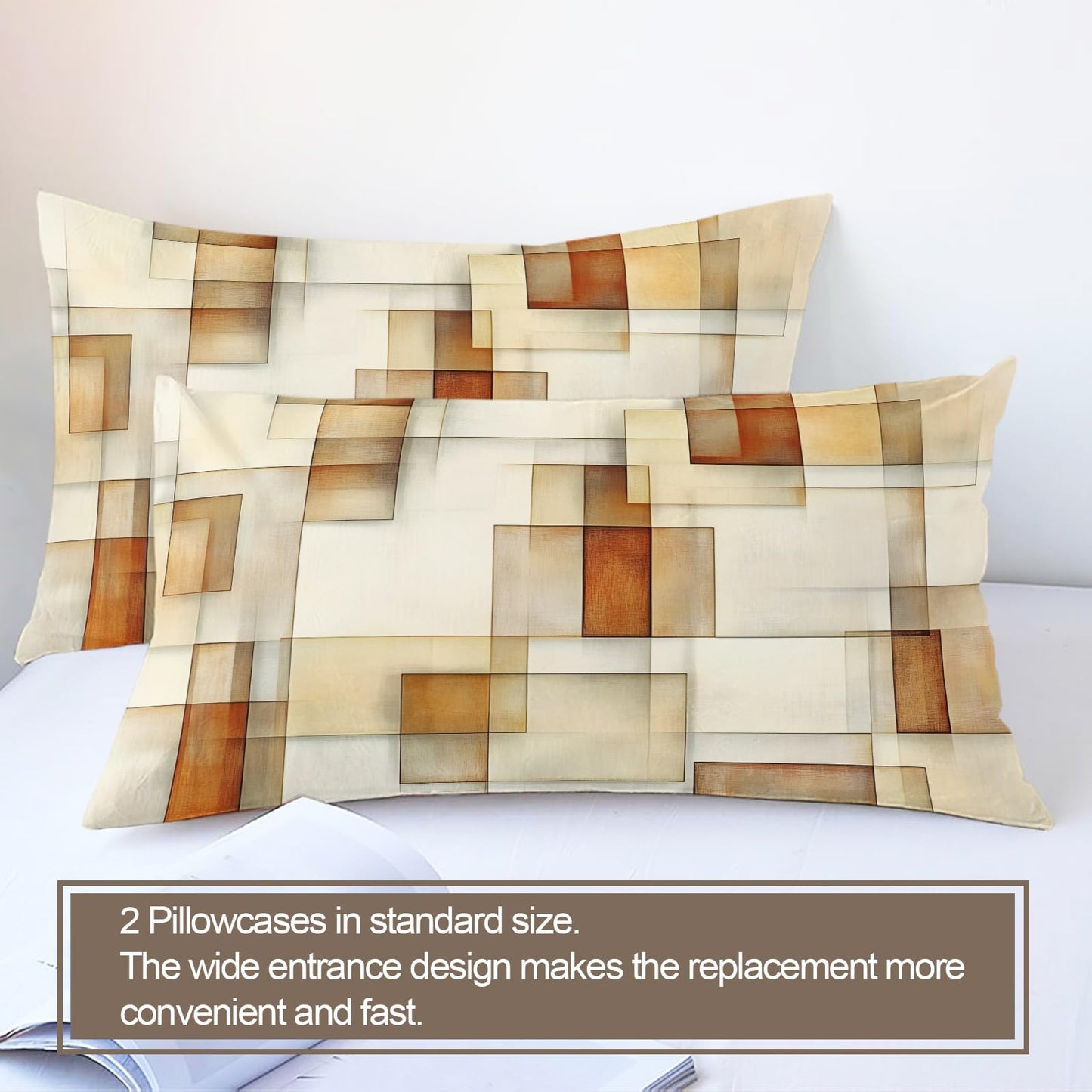 GKPLY Geometric Bedding Sets King, Abstract Squares Duvet Cover & Bedroom Decor, Modern Minimalist Comforter, Zipper Closure, 2 Pillow Cases, Earth Tone Reversible Print Bedding Duvet Cover Set