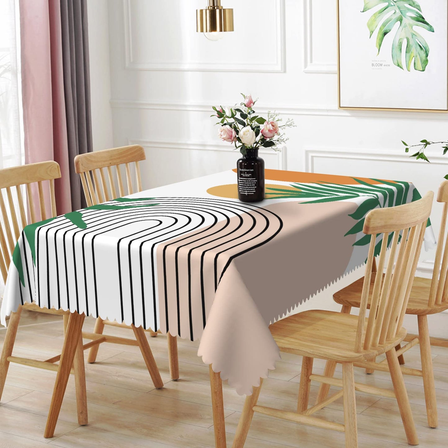 TTQYFNM 60x84inches Mid Century Modern Art Table Cloth Abstract Geometric Boho Rainbow Sun Green Leaves Tablecloths Waterproof and Wrinkle Free Table Cover for Dining Room Kitchen Patio Home Decor