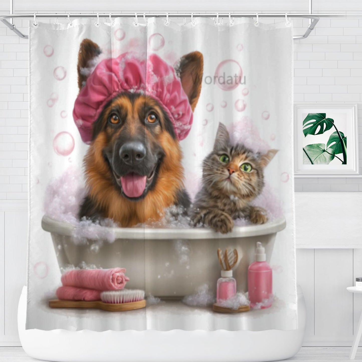 Wordatu Funny German Shepherd Shower Curtain Decor Fabric Bathroom Curtains, Kids Children Cartoon Waterproof 72x72 inch with 12 Hooks