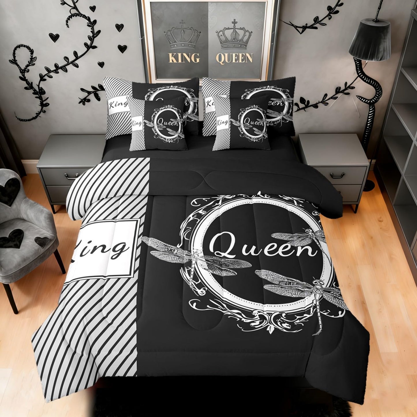 Dragonfly Bed in a Bag Queen Comforter Set 7 Piece,King and Queen Bedding Sets Couples Gifts for Men Women Black and White Comforter and Sheet Set, Aesthetic Animal Bed Sets,Valentines Day Decorations