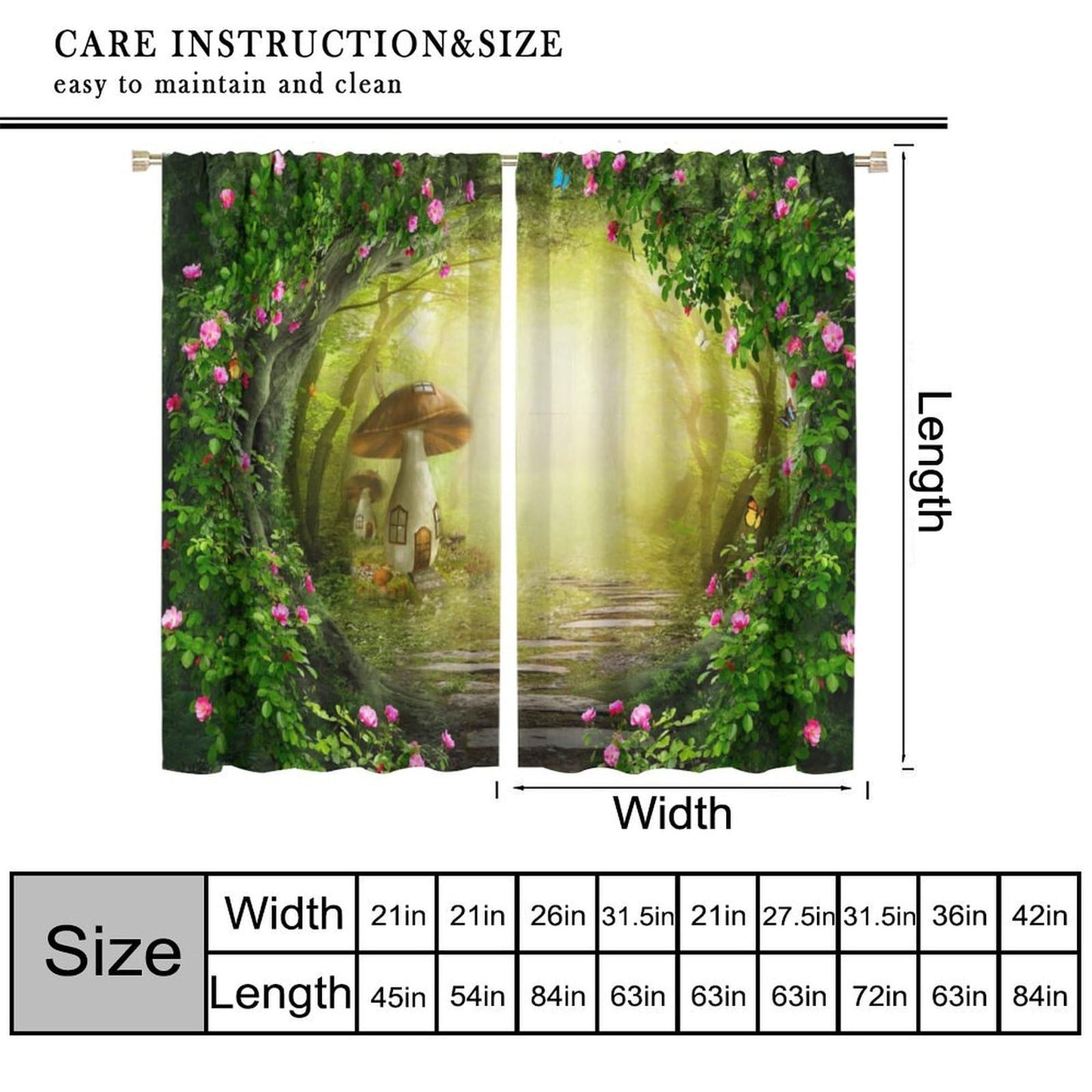 Enchanted Woodland Curtain, Fantasy Fairy Tale Butterfly Tree Mushroom Jungle Rainforest Nature Scenery Window Drapes for Kids Bedroom Living Room 42" W X 45" L(30% Blackout)