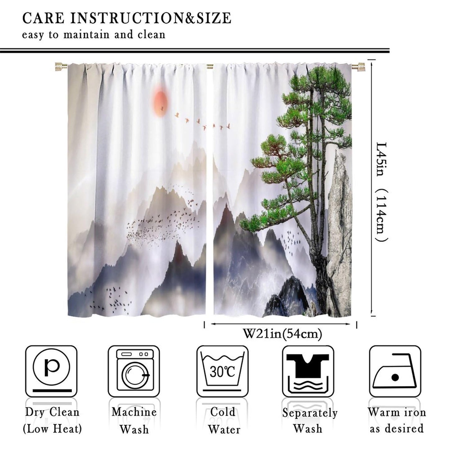 Asian Kitchen Curtains Traditional Chinese Ink Landscape Painting Green Branches and Animal Birds for Living Room Bedroom Blackout Privacy Noise Reduction Curtains 42x45 Inches 2 Panels
