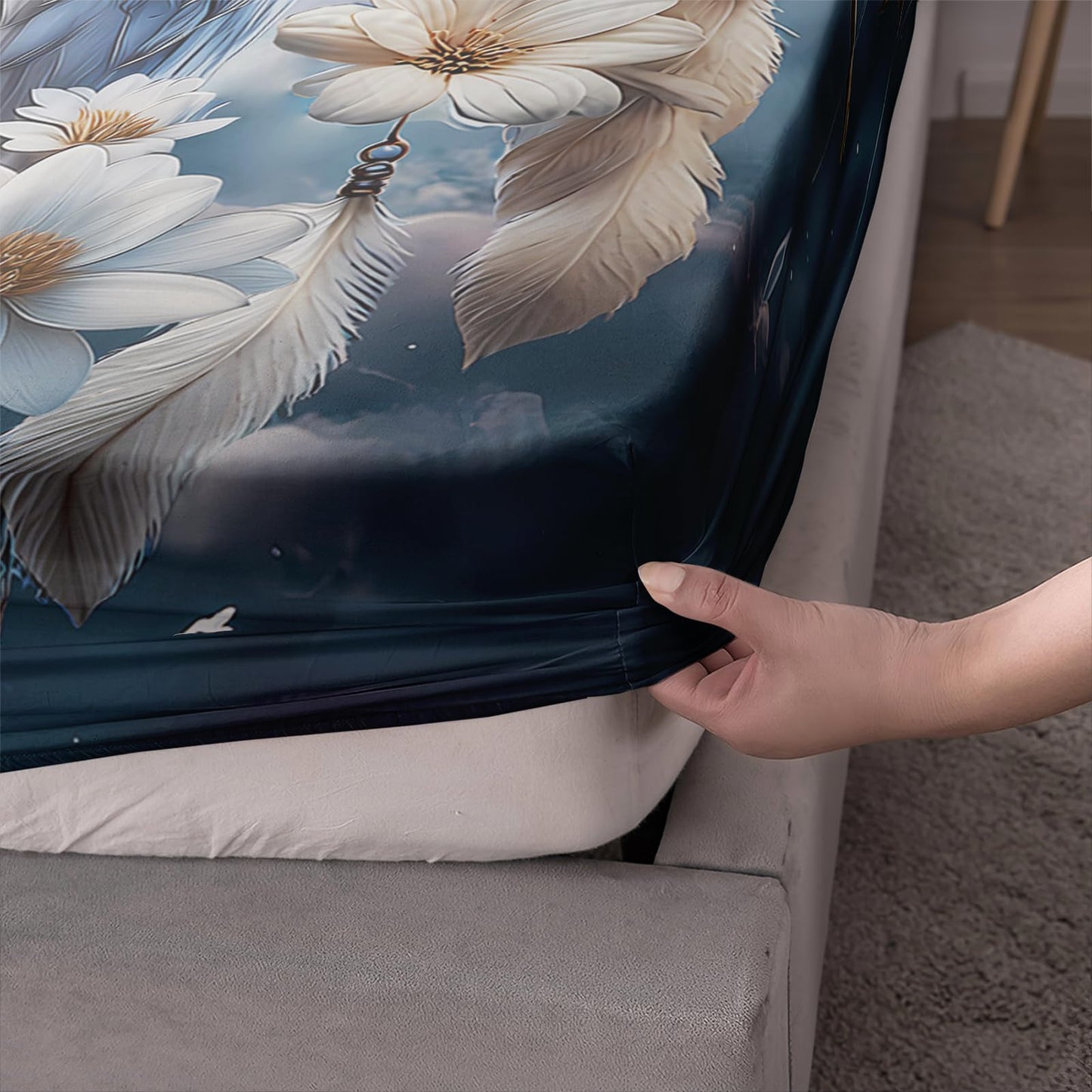 AILONEN White Owl Dreamcatcher Bed Sheets Set, Queen Size,Boho Floral Feathers Bedding Sets for Kids Teens Adults,Bohemian Style Animal Fitted Sheet Set with 2 Pillowcase