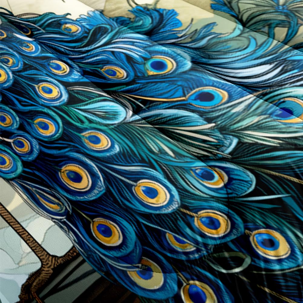 CCoutueChen Blue Peacock Comforter Set King Size Bird and Floral Bedding Set Animal Feather Bedding Sets Victorian Style Flower Birds Comforters Soft Down Alternative Comforter Sets for All Season