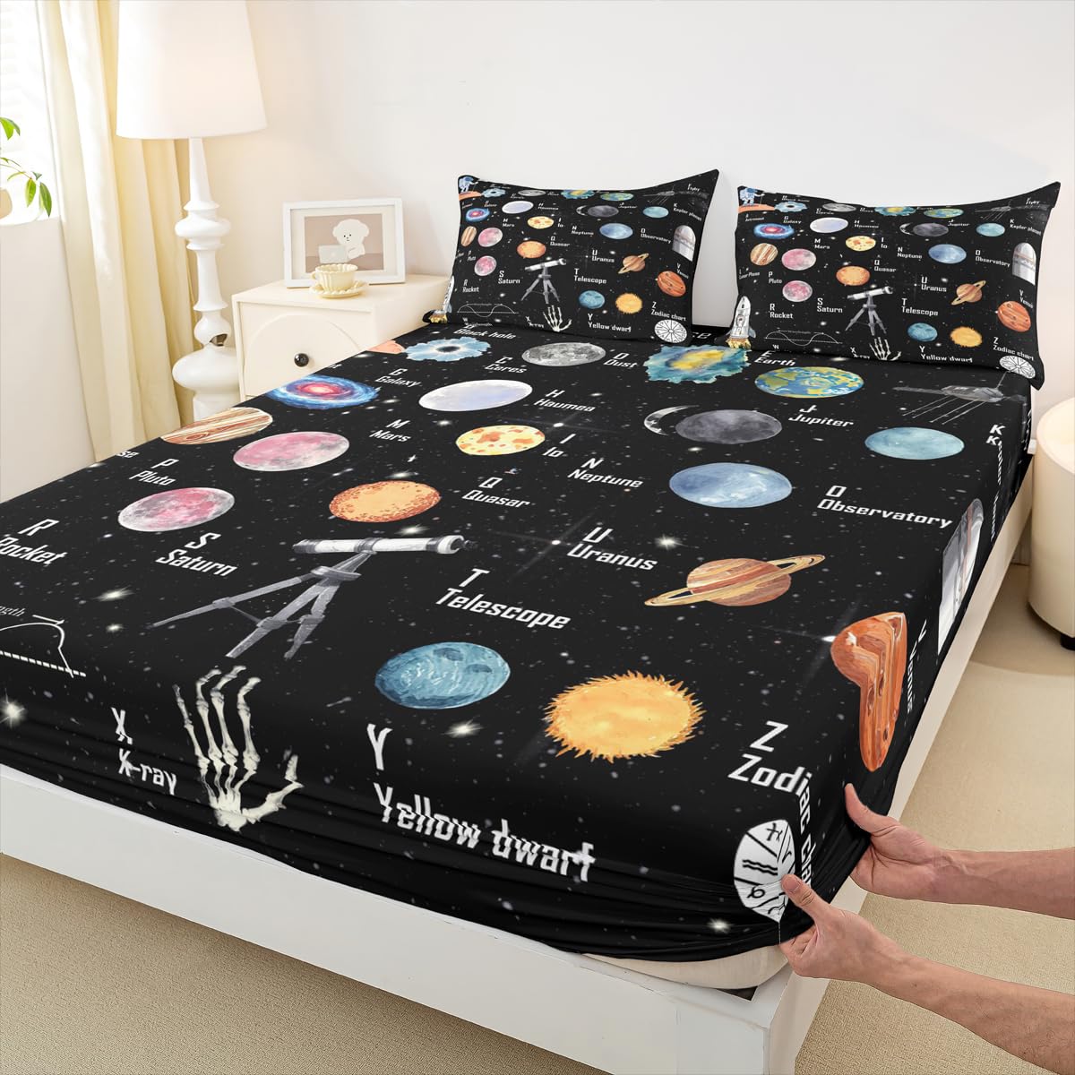 Solar System Bedding Set Twin Size for Boys Girls, ABC Alphabet Bed Sheet Set Solar System Alphabet Fitted Sheet Educational Bed Cover with 1 Pillow Case (No Flat Sheet)