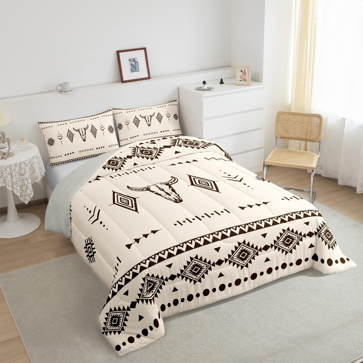 Erosebridal Bull Skull Twin Size Comforter Set, Western Cowboy Bedding Set for Boys Girls Men Room Decor, Southwestern Native Quilt, Boho Aztec Ethnic Horns Duvet Insert, 1 Pillow Case