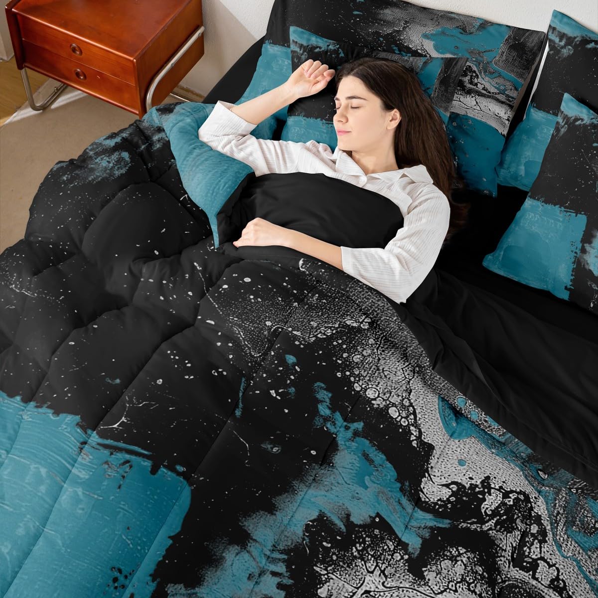 Feelyou Abstract King Comforter Set with Sheets for Kids Boys Girls Modern Abstract Art 7 Pieces Bedding Set Luxury Bed in a Bag Geometric Room Decor Dark Blue Balck Soft Lightweight Microfiber