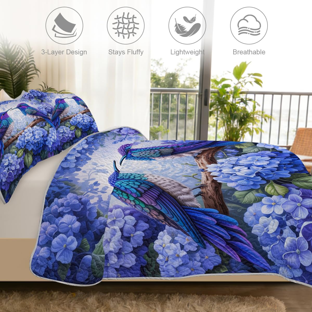 ARIGHTEX Flower Bird Quilt Set Queen Size Romantic Hydrangea Hummingbird Bedding Set Lightweight Botanical Quilt Soft Microfiber Bedspread Floral Coverlet Set with Pillow Shams