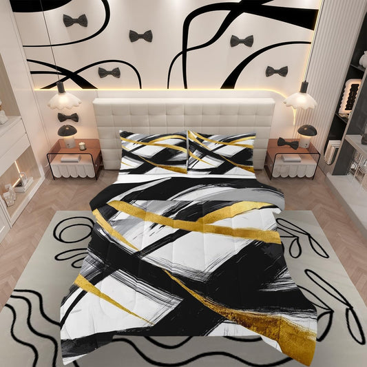jejeloiu Black Gold Comforter Set Queen Size Geometric Bedding Set for Kids Boys Girls Stripe Line Duvet Quilt Modern Abstract Bedroom Decor Microfiber 3 Pcs with 2 Pillow Cases