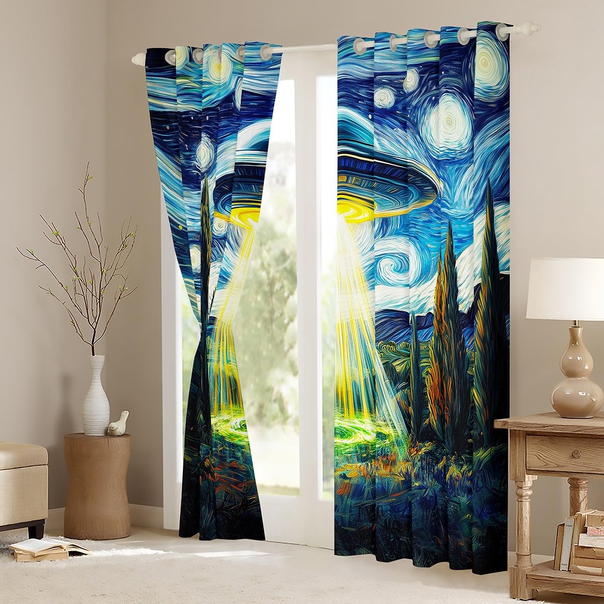 Feelyou Kids Spaceship Outer Space Curtains,Spaceship Window Curtains for Bedroom Living Room,Alien Spaceship Window Drapes,Oil Painting Art Blackout Curtains, 42W X 84L,2 Panels