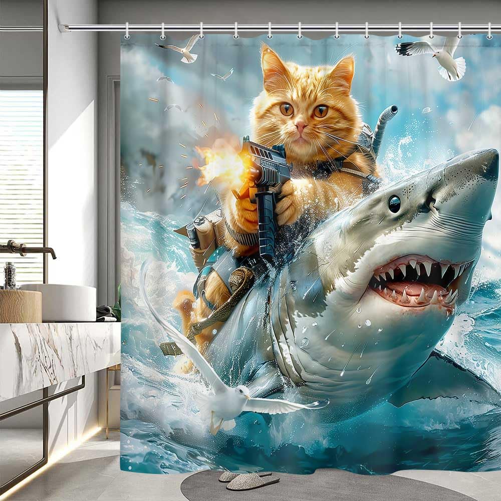 JAWO Funny Cat Shower Curtain, Riding Shark Theme Ocean Nautical Kids Bathroom Decor, Cute Cool Cat Fabric Curtain With Hooks, 70x70IN