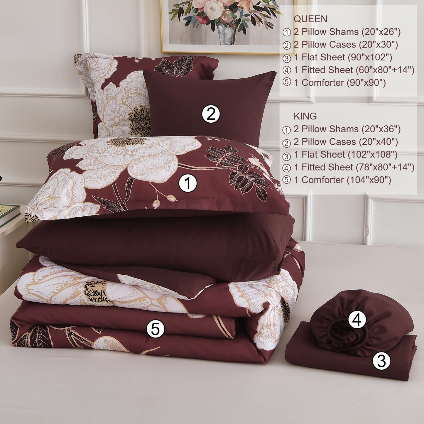 Luxudecor Burgundy Floral Queen Comforter Set 7 Pieces Bed in a Bag,Beige Flower Print on Burgundy Bedding Set,Soft Reversible Comforter with Sheets 90"x90"