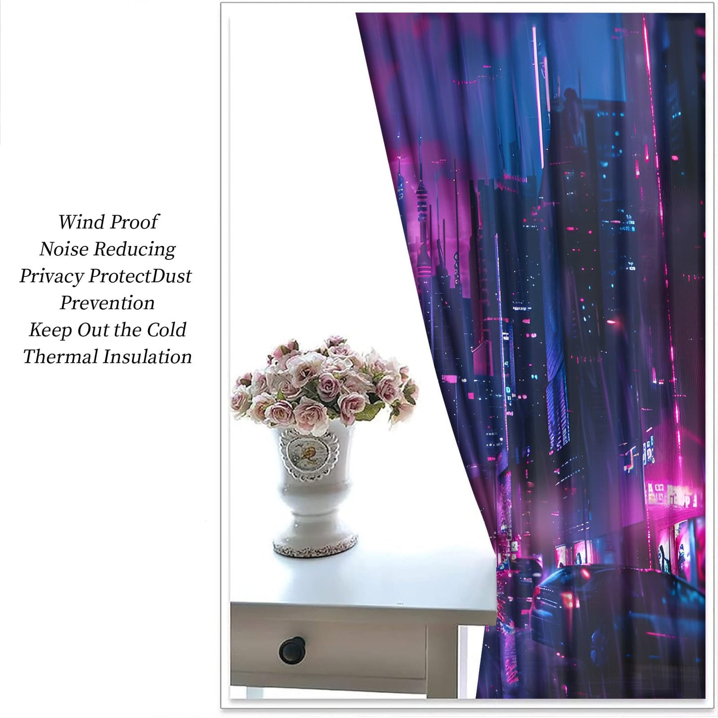 XAFIAUR City Neon Lights Blackout Curtains Sci-Fi City Print Curtain, Lightning Cyberpunk Drapes for Kids Bedroom Play Room 2 Panels Darkening Grommets Window Treatment 31.5" W x 63" L x2