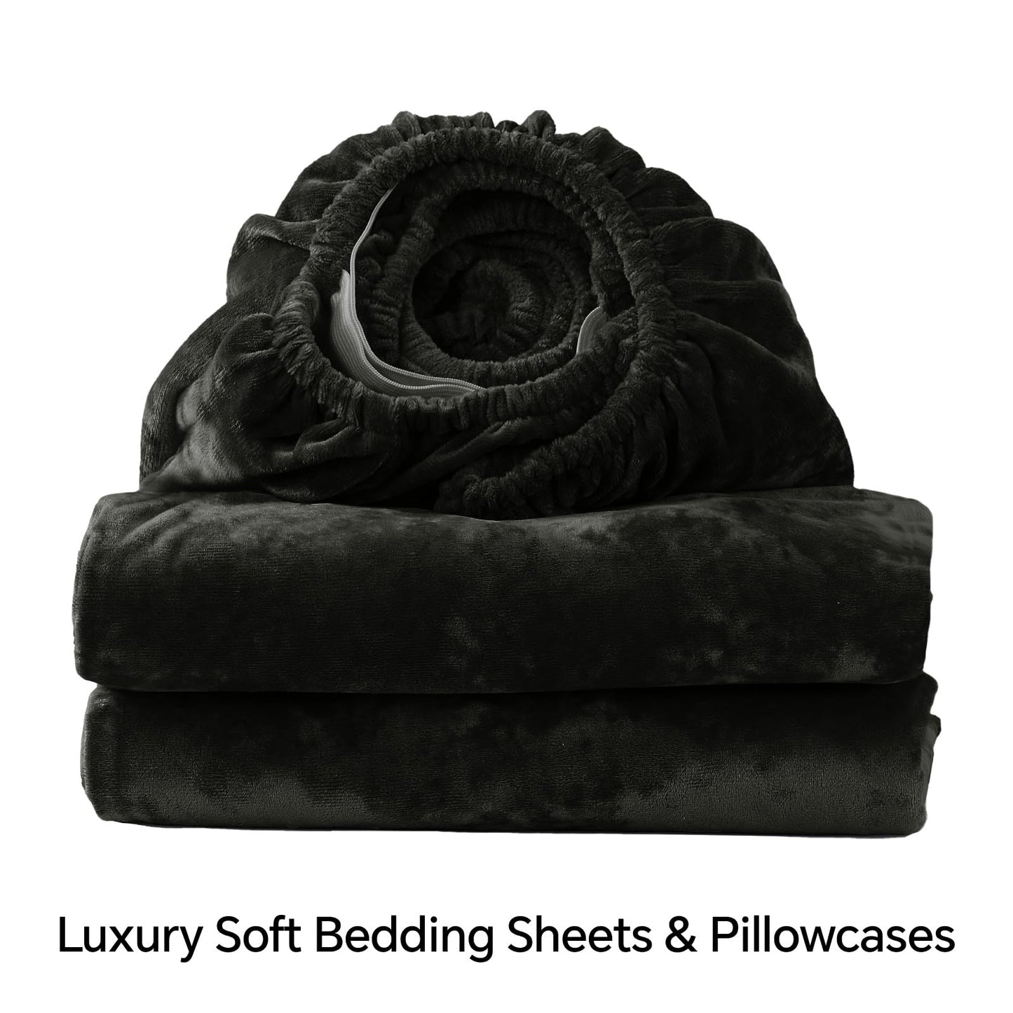 BEDELITE Velvet Fitted Sheet and Pillowcases Set, Luxury Soft Fuzzy Bottom Sheet with Reinforced Elastic Corner Straps, Deep Pocket up to 15 Inch, 1 Fitted Sheet and 2 Pillowcases (Queen, Black)