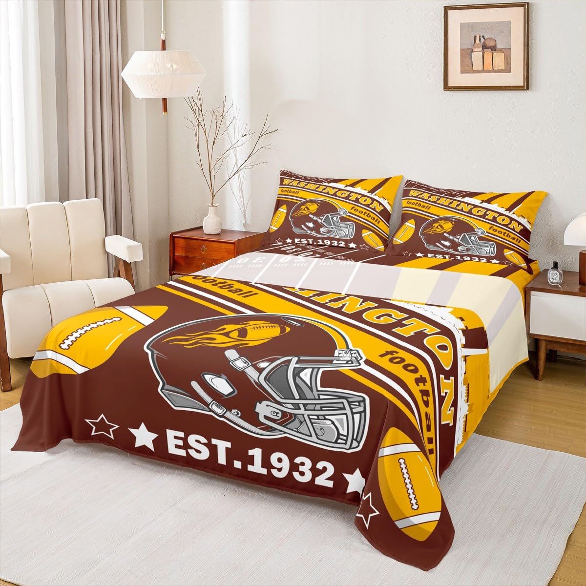 Feelyou Football Bed Sheets Set Boys Twin Size Women Men Football City Fitted Sheet with 16 Inch Deep Pockets Rugby Sports Bedding Set