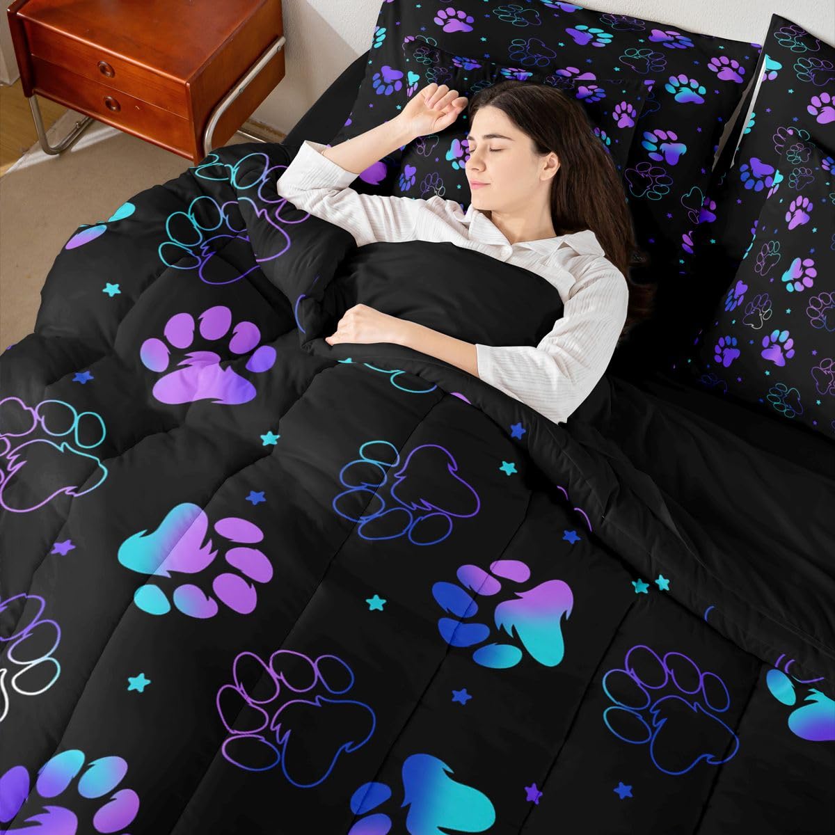 Feelyou Dog Paw Print Comforter Set with Sheets 7 Piece Full Size Pet Animal Bed in a Bag Kids Boys Girls Puppy Dog Bedding Set Cute Bedroom Decor Kawaii Breathable Soft Lightweight Microfiber