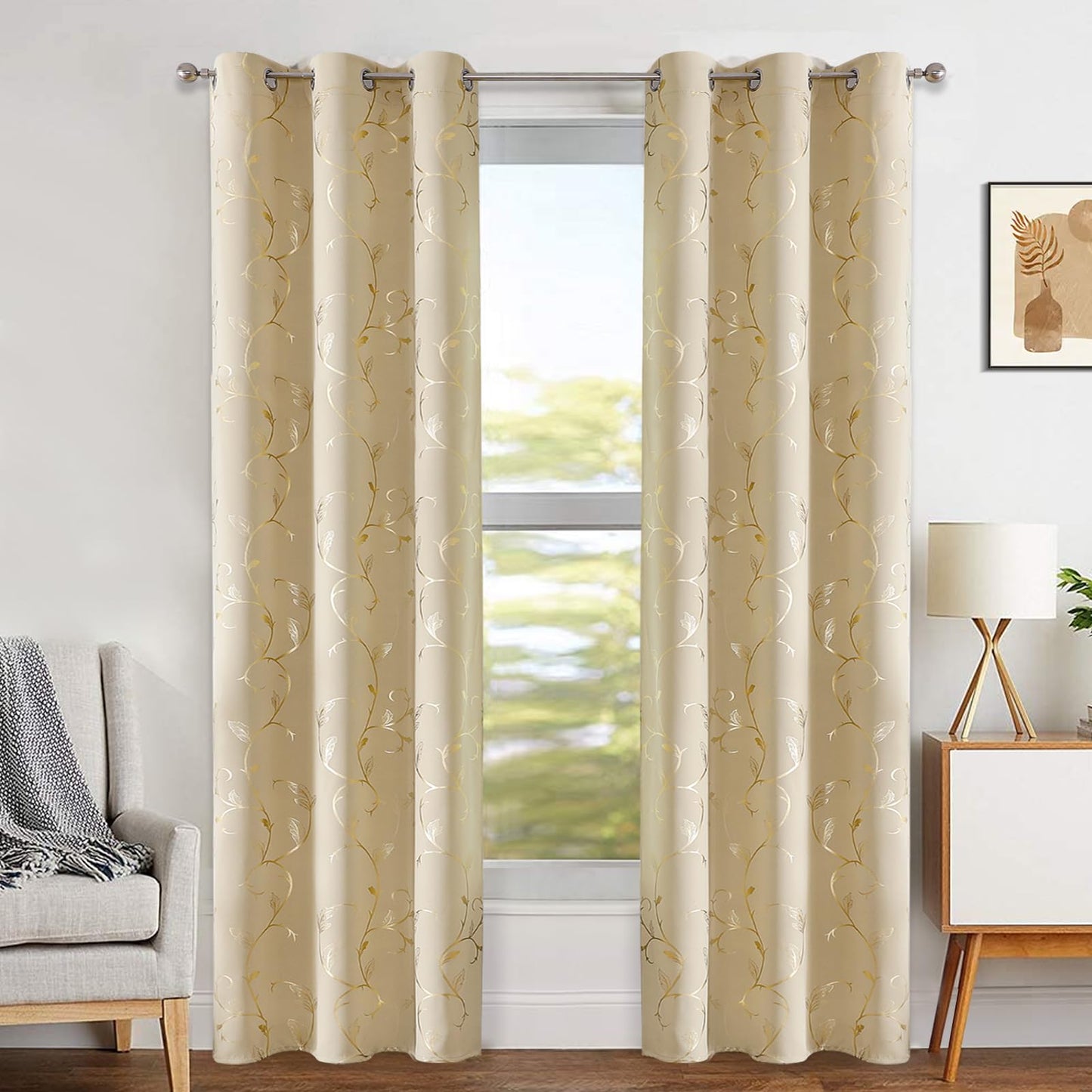 BUHUA Blackout Curtains Gold Foil Print Flower Vine Grommet Drapes, Room Darkening Thermal Insulated Curtains, Noise Reducing Blackout Curtain for Bedroom, Beige, 38Wx72L, 2 Panels