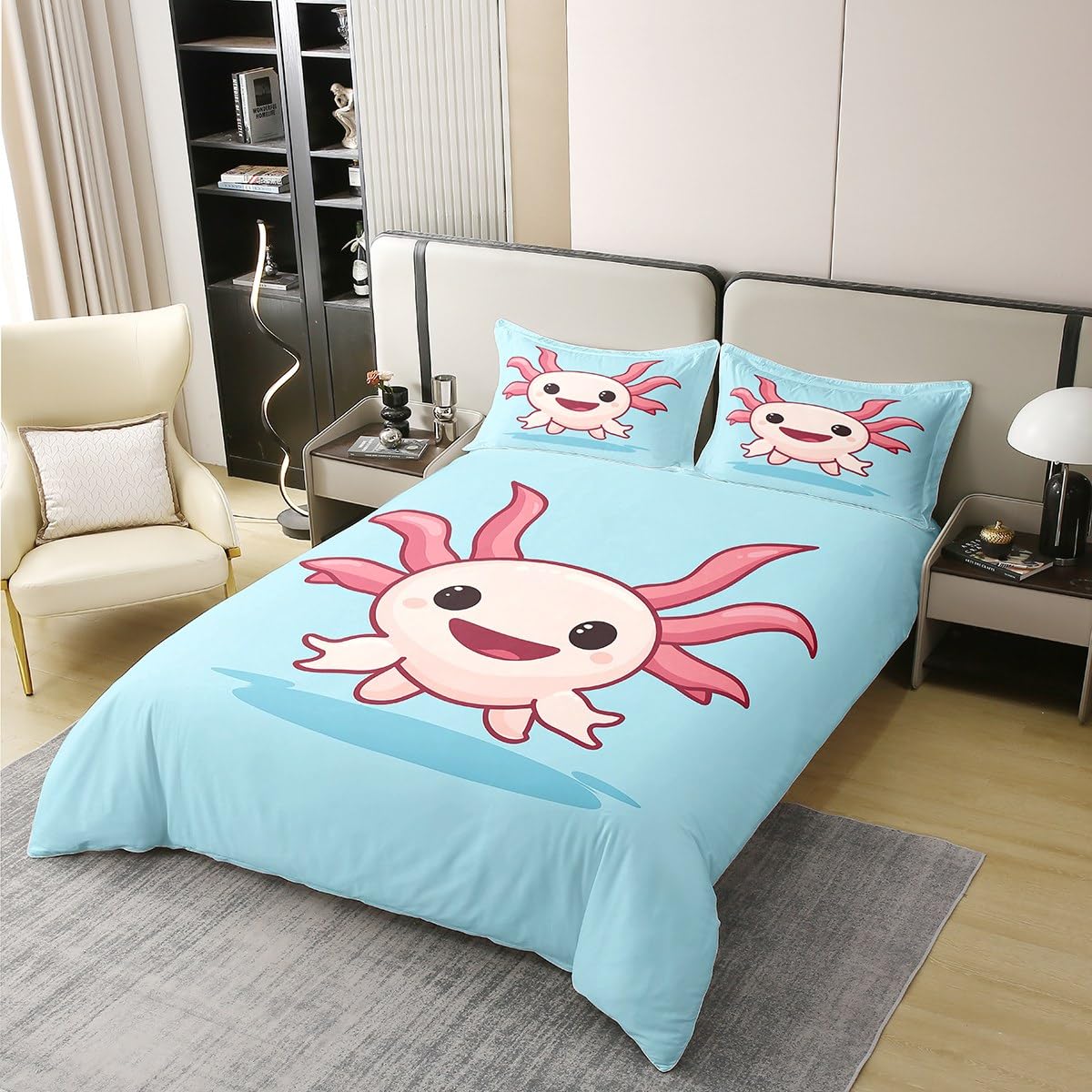 Erosebridal 100% Cotton Axolotl Duvet Cover,Cute Axolotl Bedding Set Queen Size, Kawaii Comforter Cover, Cartoon Axolotls Quilt Cover, Wildlife Animals Bedspread Cover for Kids Boys Girls Teens, Blue