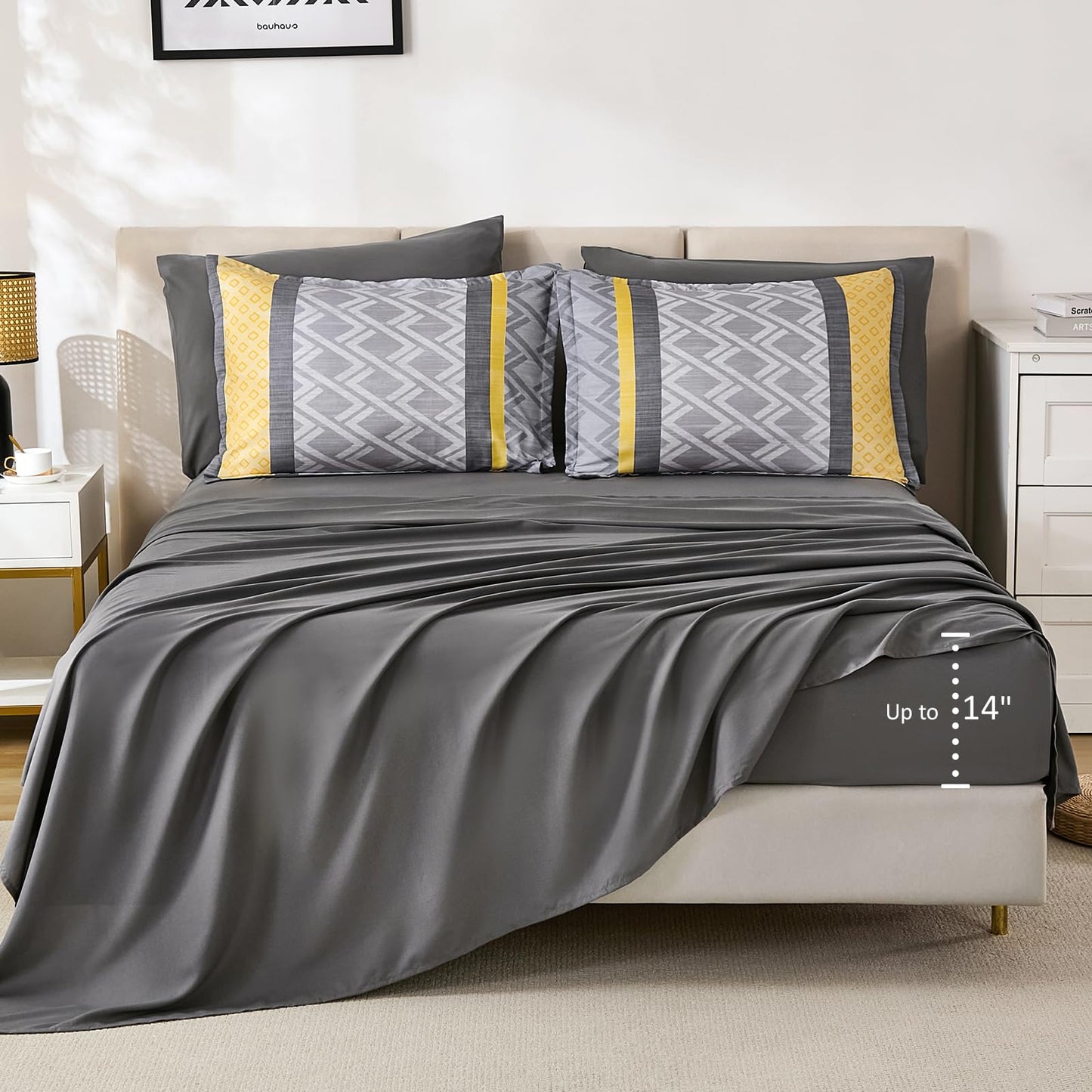 Cottolester Queen Comforter Set 7 Pieces,Yellow and Grey Boho Striped Bed in a Bag,Soft Microfiber Complete Bedding Sets