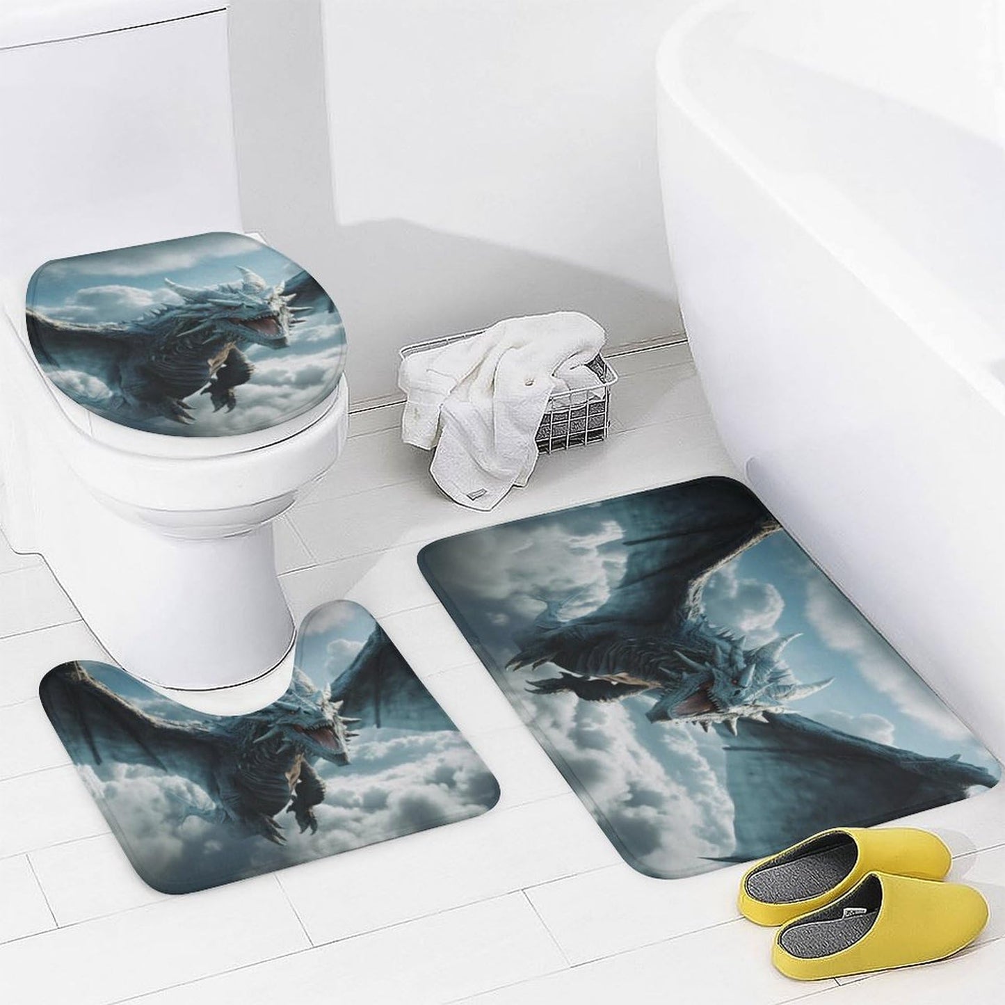 FOCCAFB 4Pcs Glam Cool Dragon Bathroom Sets with Shower Curtain Rugs Mats Fantasy Clouds Animal Bathroom Decorations Sets with Non Slip Rugs Toilet Lid Cover Bath Mat, Style-3