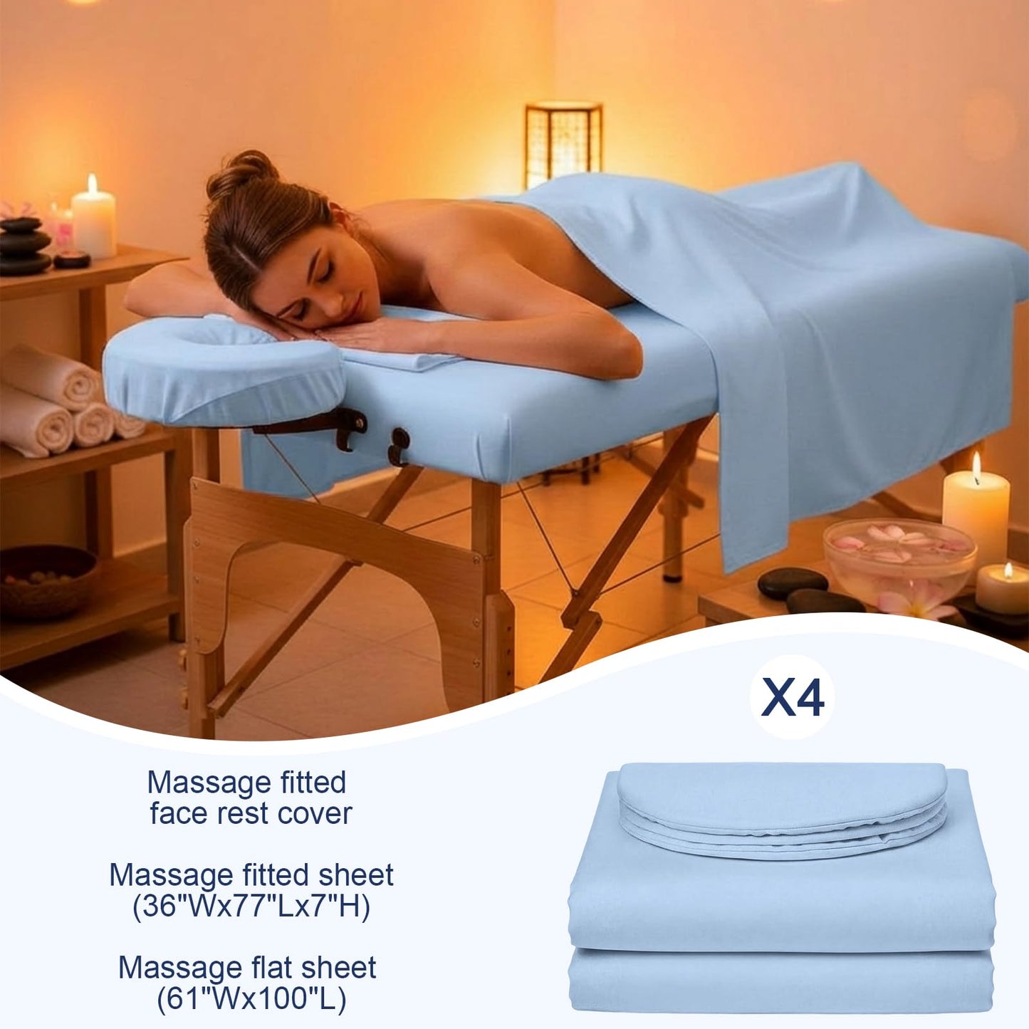 Oudain 4 Sets 3 Piece Soft Microfiber Massage Table Sheets Set Bulk Includes Massage Flat Sheet and Fitted Sheet and Face Rest Cover(Blue)