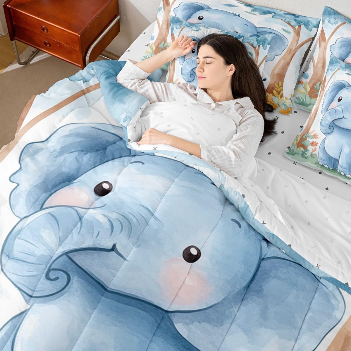 Erosebridal Kawaii Elephant Twin Size Comforter Set with Sheets Kids | Cartoon Safari Wild Print 7-Piece Bedding Set Watercolor Green Eucalyptus Bed in a Bag African Jungle Animal Bed Quilt Sets