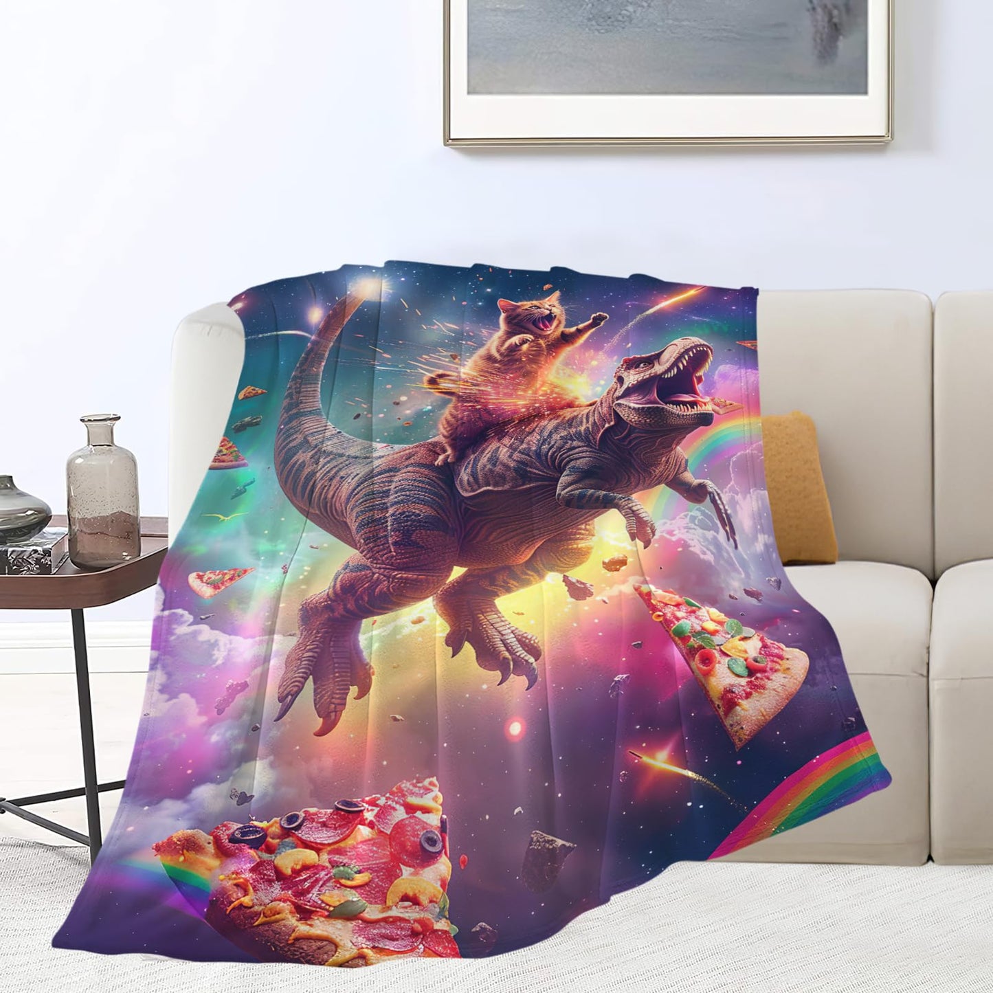Cat and Dinosaur Blanket Rainbow Pizza Dino Cat Throw Blanket Gifts for Adults Men Women Boys Girls Kids Super Soft Cozy Plush Fluffy Fuzzy Fleece Blanket Decor 50''X60''