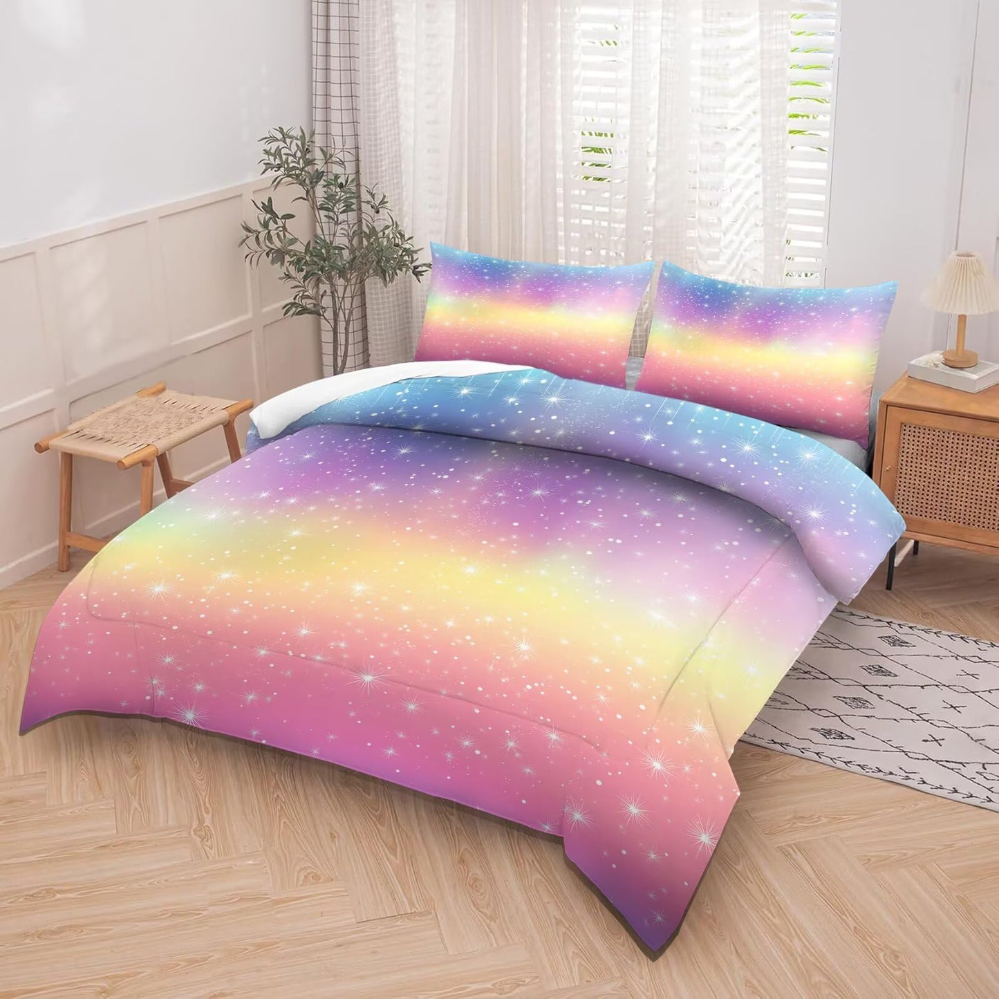 kxry Rainbow Galaxy Gradient Comforter Set Full Tie Dye Microfiber Quilt