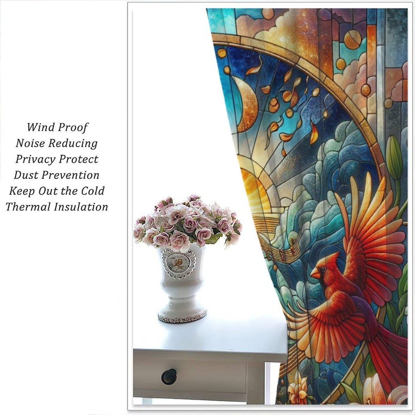 FengMingRui Cardinal Stained Glass Curtains Modern Art Flower Bird Note Dream Blackout Window Treatments for Kids Boys Girls Bedroom Living Room Window Drapes 42" W X 45" L