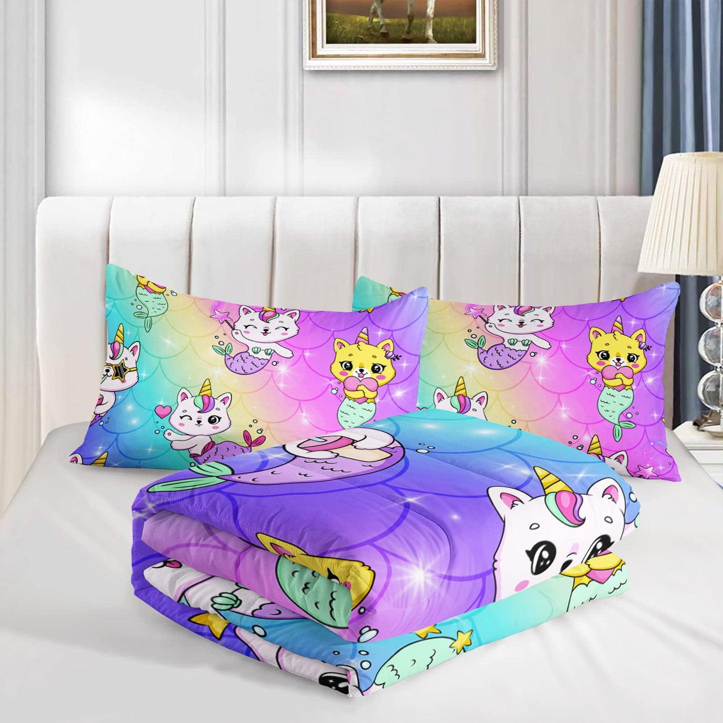 Axolotl Unicorn Cat Bedding Full,Cute Cartoon Cat Comforter Set,Rainbow Mermaid Scales Printed Kids Bedding Set for Girls Kids Adults Teens,Girls Comforter,1 Quilt 2 Pillowcases,Pink Blue Purple