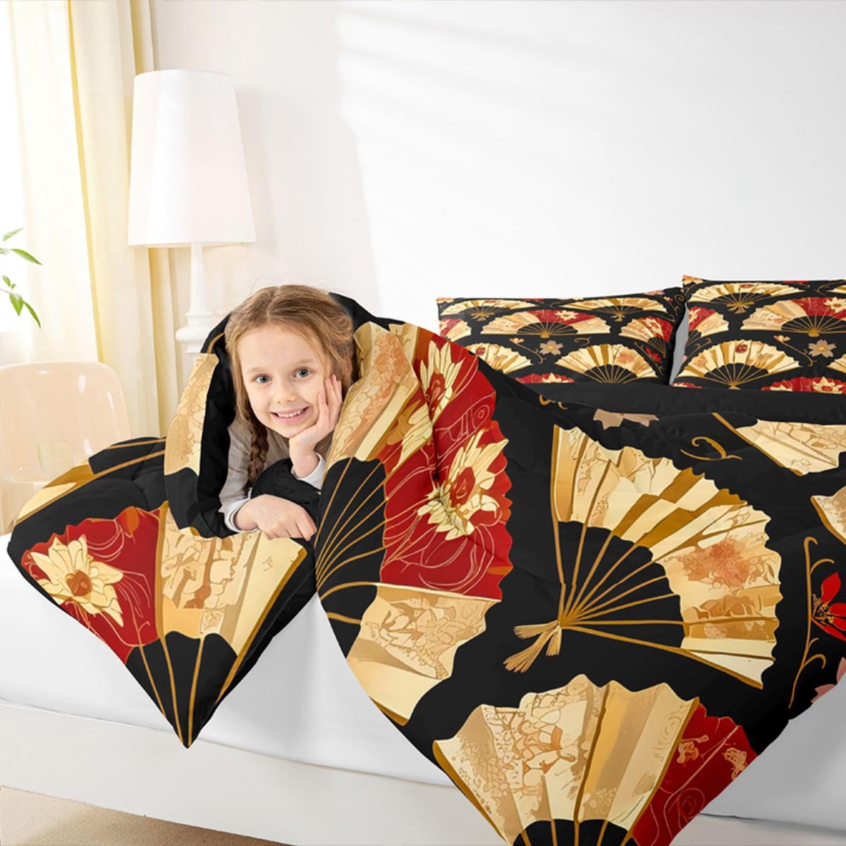 Erosebridal Japanese Folding Fans Kids Comforter Set | Japanese Style Bedding Full Size Cherry Blossoms Down Comforter Gold Fan with Floral Pattern Duvet Set for Bedroom