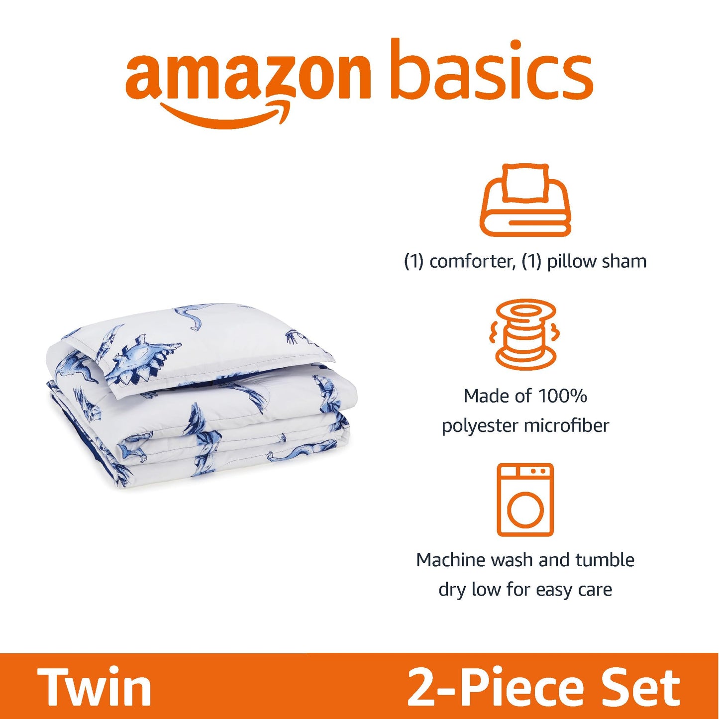 Amazon Basics 2-Piece Soft Microfiber Kid's Comforter and Pillow Sham Set, Twin, Dinosaurs, Animal Print