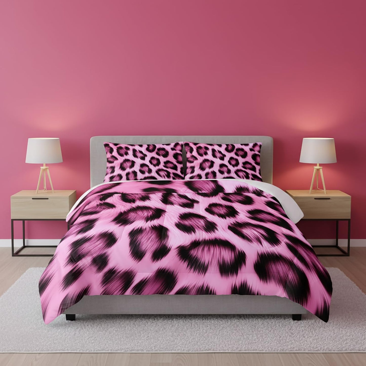 QOOMO 3Pcs Pink Leopard Print Comforter Set Twin,Cheetah Bedding Set for Teens Boys Girls,Wild Animal Printed Comforter with 2 Pillowcases,Down Alternative,Soft and Lightweight