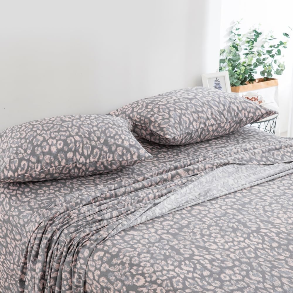DAUAOTO King Size Printed Sheets Set, 100% Cotton Bedding Sets, Up to 14" Deep Mattress, Modern Pattern Bedlinen Set, Leopard Gray