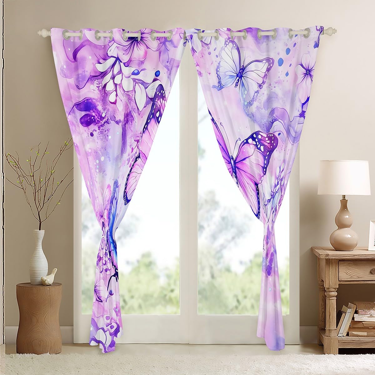Feelyou Kids Butterfly Curtains,Blue Purple Butterfly Window Curtains for Bedroom Living Room,Floral Flower Butterfly Window Drapes,Girly Fancy Butterfly Blackout Curtains, 42W X 84L,2 Panels