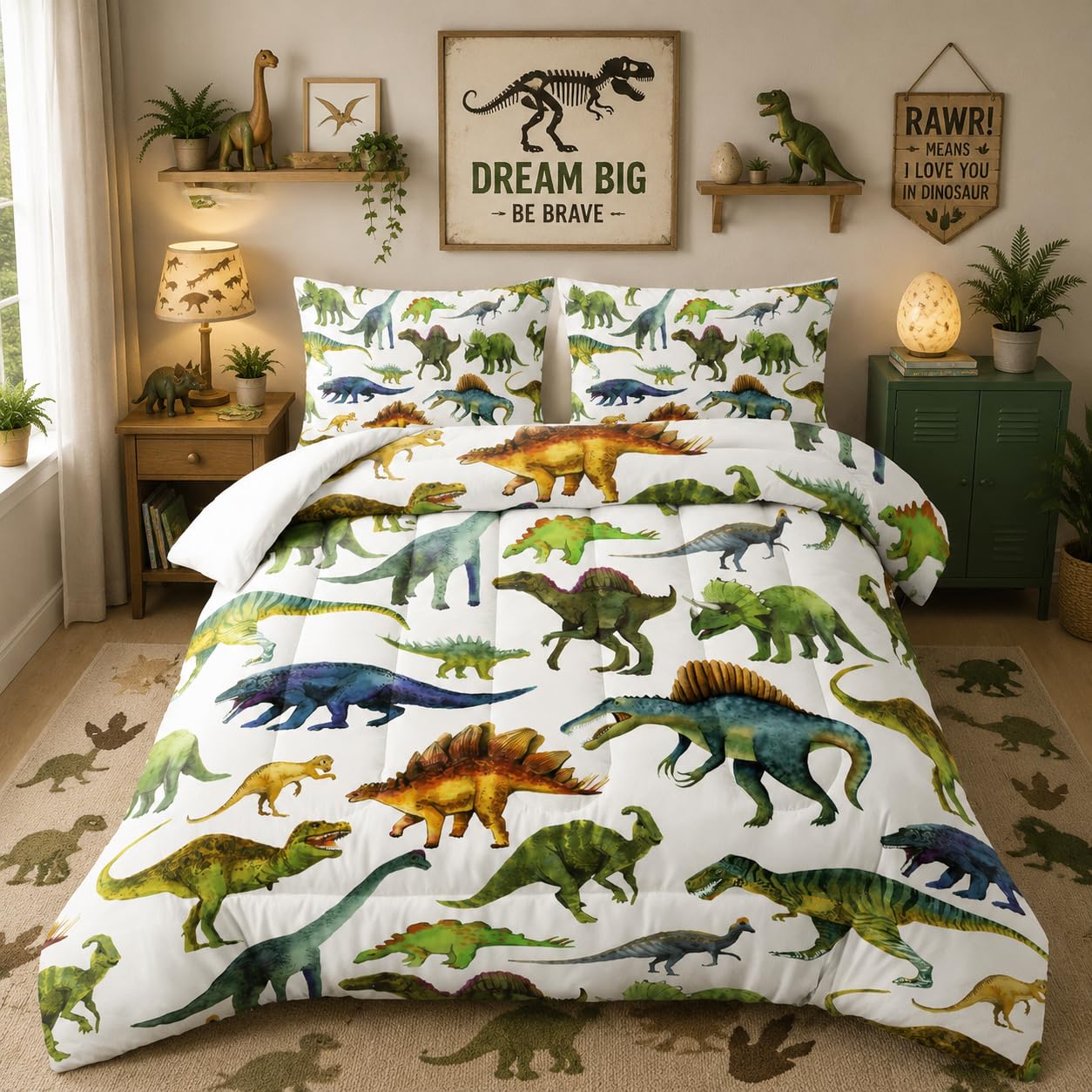 Nttopship Dinosaur Comforter Sets King，Dinosaur Printed Quilt Set for Bedroom Soft Microfiber All Season Print Quilt Set with 1 Comforter and 2 Pillow Case