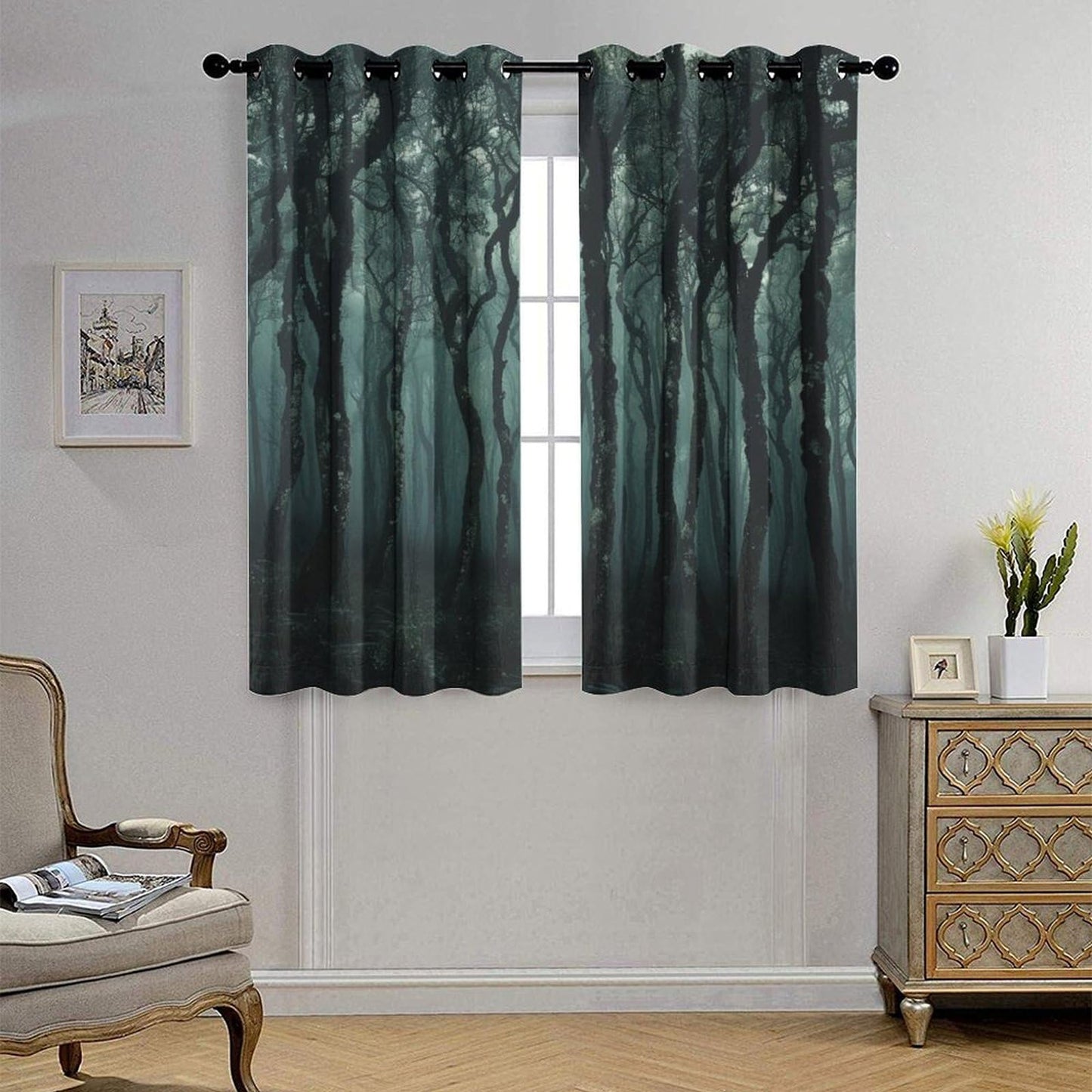TOWINSFB Tree Forest Green Blackout Curtains for Bedroom/Living Room, Foggy Jungle Trunks Grommet Curtains Thermal Insulated Window Drapes, 2 Panels, Each 21W x 45L