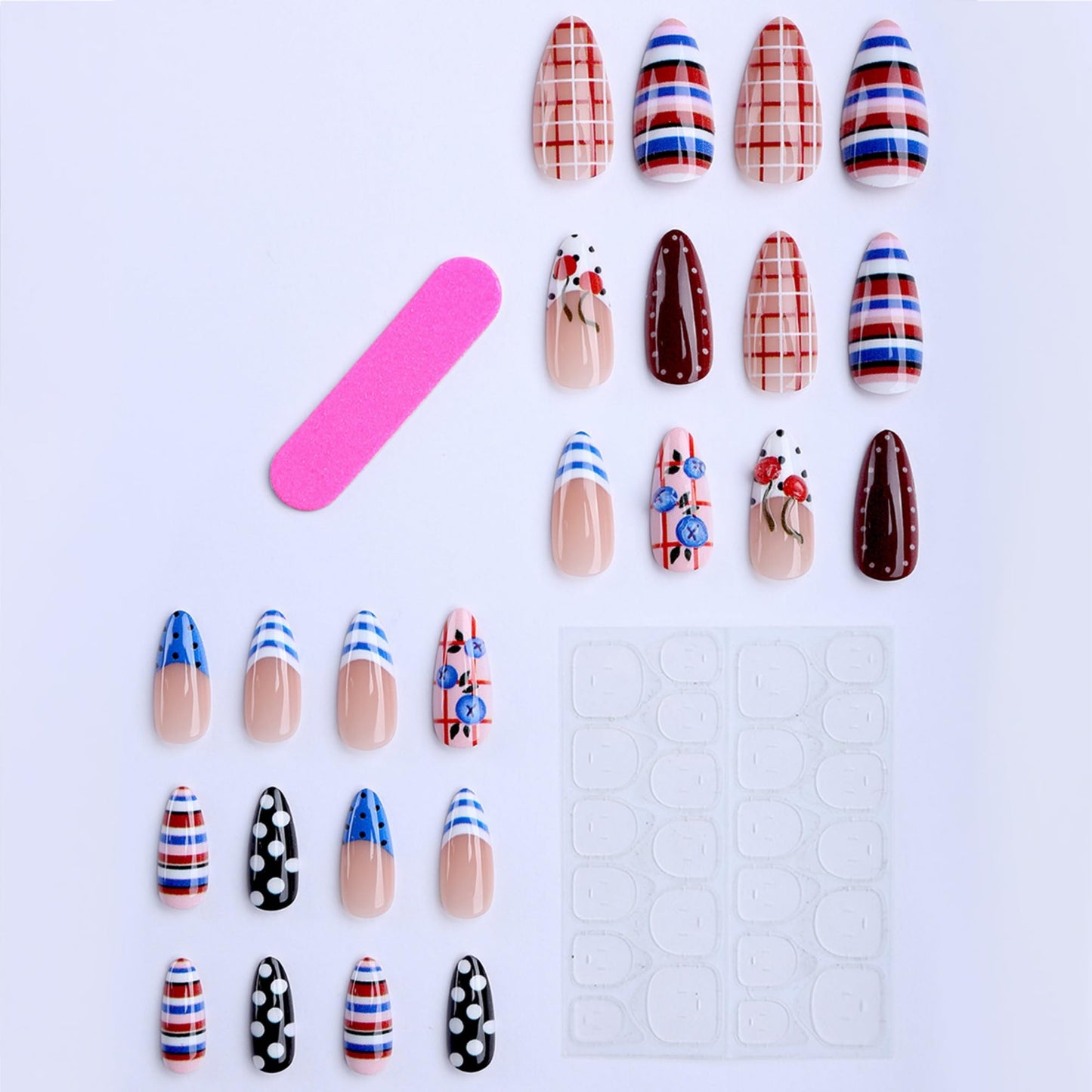 octoswave Long Almond Press on Nails Colorful French Fake Nails with Polka Dot and Stripes Designs for Women Girls 24Pcs