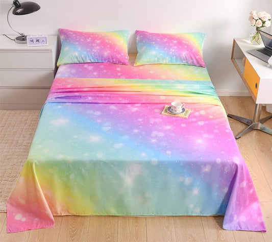 URLINENS Rainbow Sheets Full Size 4 Piece, Tie Dye Pastel Girls Sheet Set for Kids Teens, Glitter Fun Girly Bed Sheets Soft Microfiber Rainbow Bedding Set 1 Fitted Sheet 1 Flat Sheet 2 Pillowcases