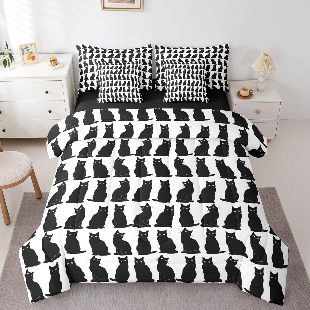 Erosebridal Black Cat 7-Piece Bedding Set Full Size for Kids Teens | Boys Girls Cute Cat Bed in a Bag Cartoon Black Cats Comforter Set with Sheets Geometric Kawaii Kitten Pet Duvet Insert
