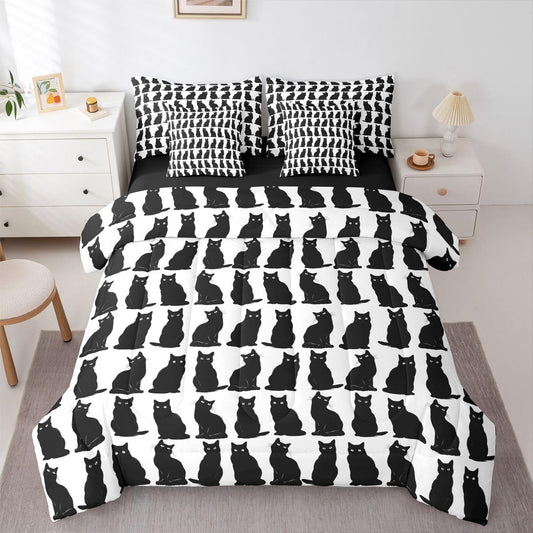 Erosebridal Black Cat 7-Piece Bedding Set Full Size for Kids Teens | Boys Girls Cute Cat Bed in a Bag Cartoon Black Cats Comforter Set with Sheets Geometric Kawaii Kitten Pet Duvet Insert