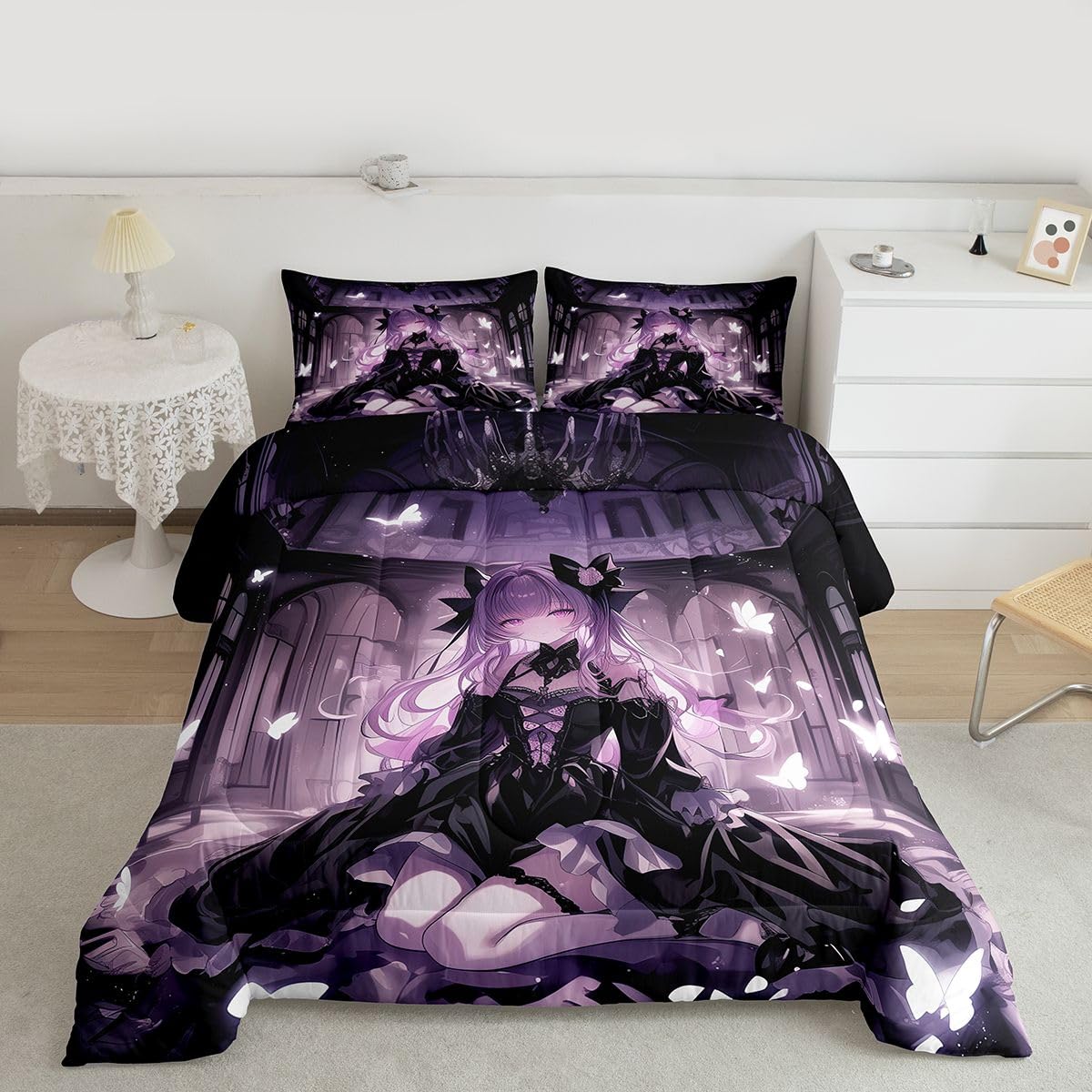 Erosebridal 3D Girly Kids Comforter Set | Japanese Girl Bedding Twin Size Anime Gifts Down Comforter Purple Dreamy Butterfly Print Duvet Set for Bedroom