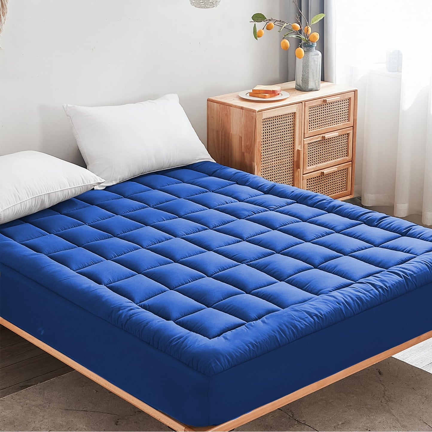Mattress Pad - Soft and Breathable Mattress Protector Cover - Pillow Topper with Stretches to 18” Deep Pocket Fits Up to 8”-21” Cooling Bed Topper (Blue, Queen)